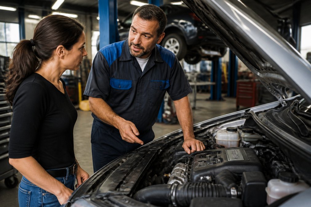 Professional mechanic in uniform explaining repair work to customer in clean, well-lit shop environment, pointing at vehicle engine with transparency