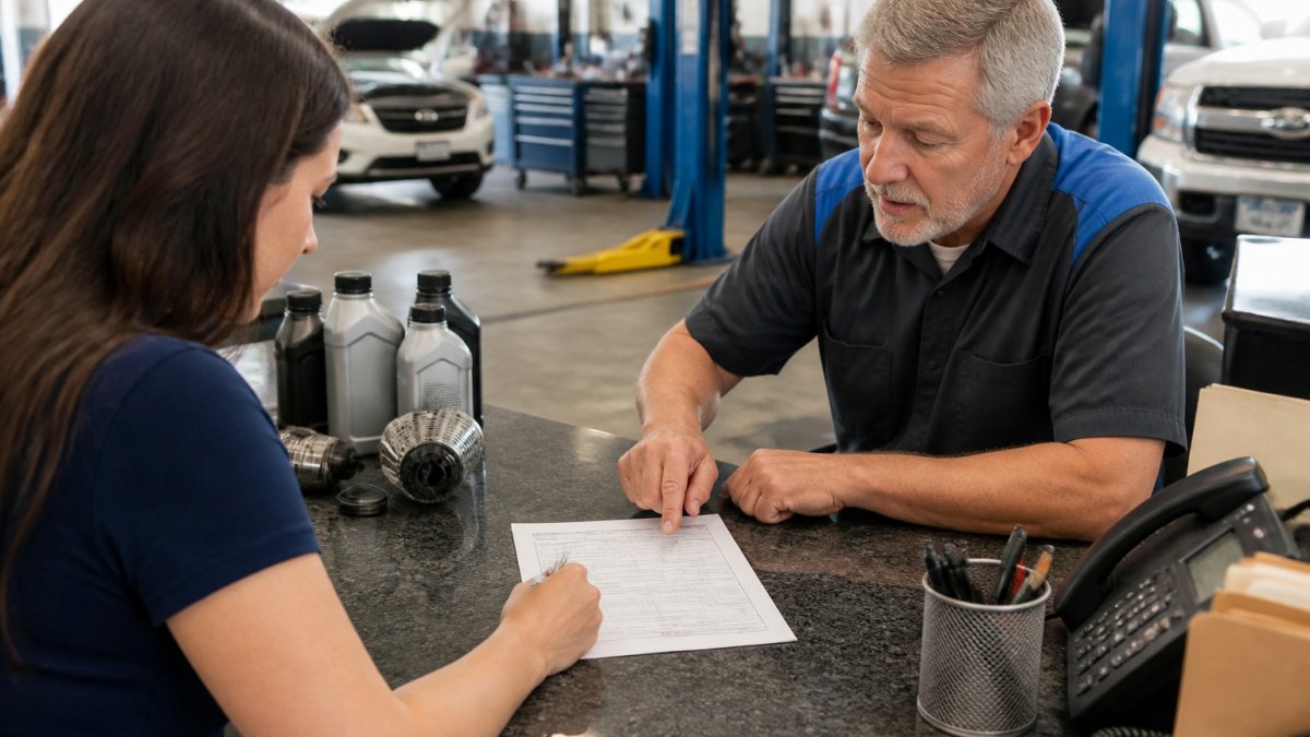 A customer and a service advisor reviewing a printed repair estimate together at a clean shop counter, with the advisor pointing at a line item and the customer holding a pen
