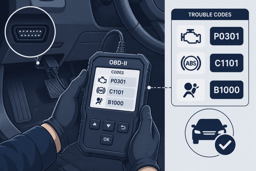 Technician's hands holding OBD-II scanner connected to vehicle's diagnostic port with scanner display visible, showing trouble codes