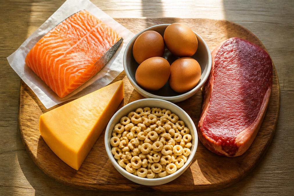 Overhead spread of B12-rich foods including salmon fillet, eggs in a bowl, beef steak, aged cheddar cheese, and fortified cereal arranged on a wooden cutting board with natural morning sunlight streaming across the table