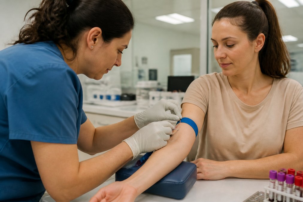 Healthcare provider drawing blood sample from patient's arm in a clinical setting, with patient seated and relaxed, fluorescent clinical lighting overhead, sterile medical environment visible in background