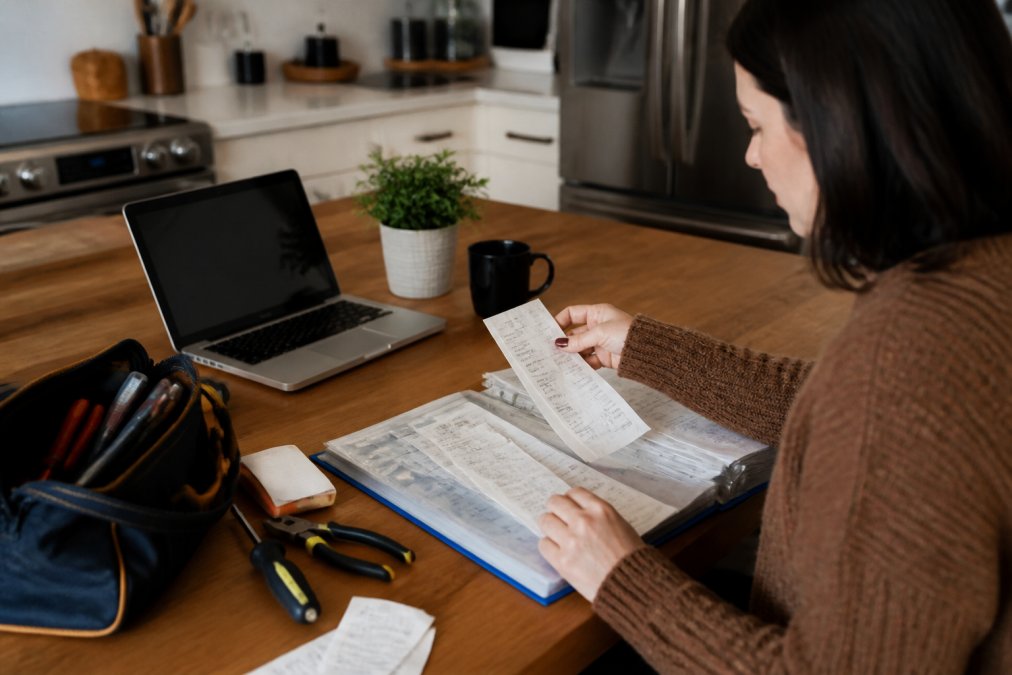 A homeowner organizing appliance receipts and service records in a folder at a kitchen table, with a laptop open showing a digital maintenance log