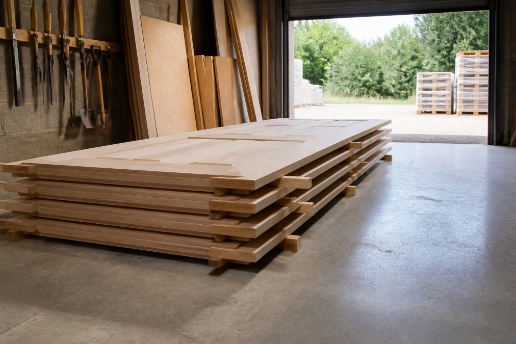 Several timber doors stored horizontally on evenly spaced timber battens in a clean, dry, well-ventilated garage with natural light coming through an open door, stacked neatly away from walls