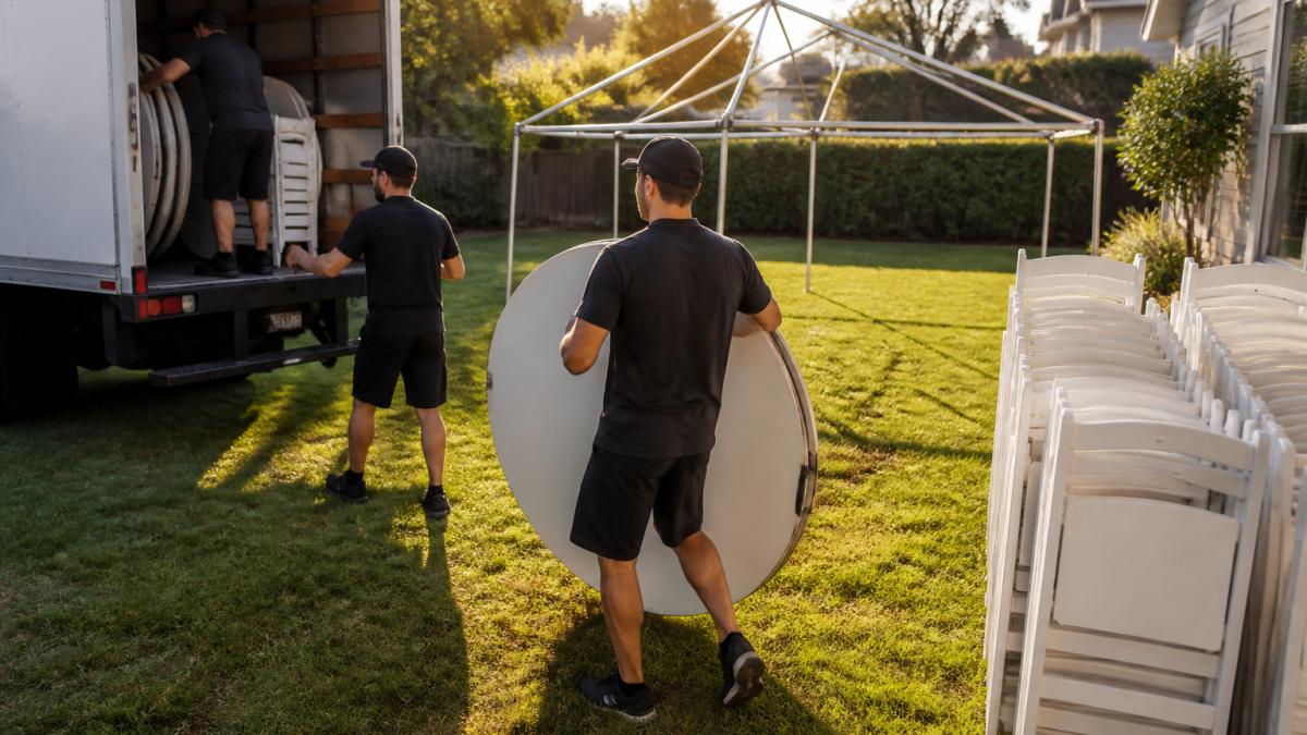 Rental company team members unloading round tables and white chairs from a delivery truck in a residential backyard, with a white tent frame visible in the background and morning sunlight casting long shadows