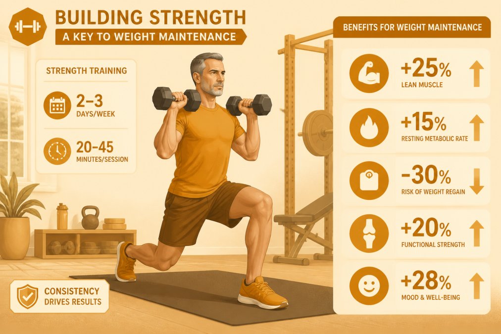 Middle-aged adult performing strength training with dumbbells in a home gym setting with natural lighting, showing proper form and focused expression