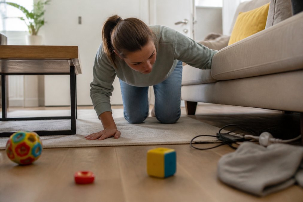 Parent on hands and knees inspecting a living room floor for hazards, viewing the space from a baby's eye level, with toys, electrical cords, and furniture visible in the background