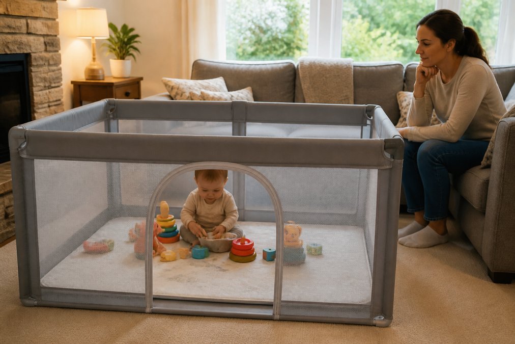 A toddler safely contained in a grey playpen in a living room, playing with toys while parent watches nearby, showing the playpen's rounded edges and secure design
