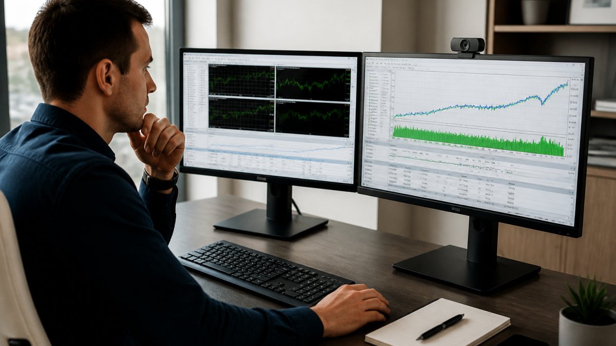 Dual monitors displaying performance charts while you backtest MT5 expert advisors in a professional office