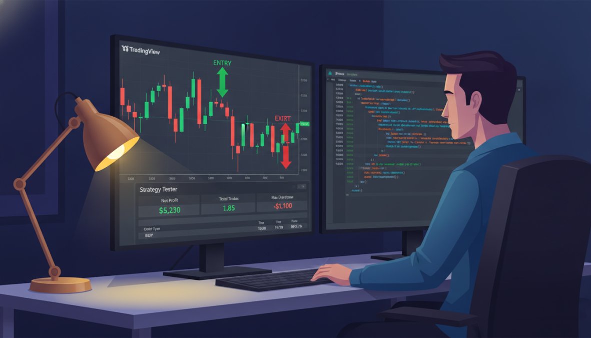 A focused trader sitting at a dual-monitor desk in a dimly lit home office, reviewing TradingView's Strategy Tester panel with entry and exit markers visible on a candlestick chart, warm desk lamp illuminating the keyboard