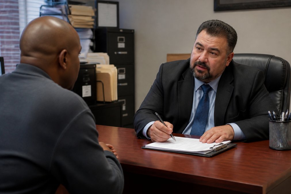 Professional bail bondsman in office speaking with client across desk with paperwork visible, establishing trust and professionalism with natural office lighting