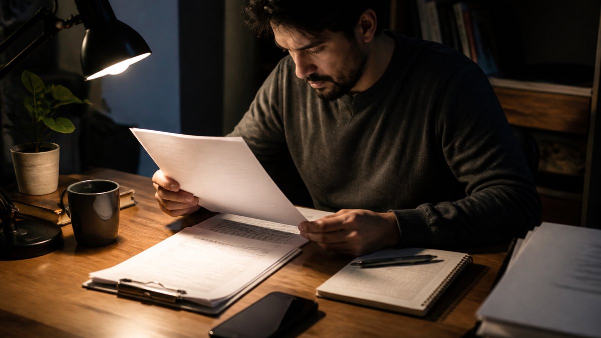 A person at a wooden desk reviewing bail paperwork by lamplight, with a phone and notepad nearby, conveying late-night urgency