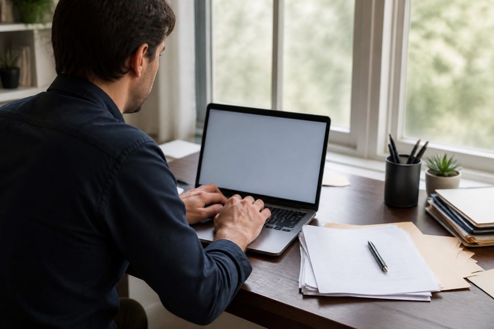 Person using a smartphone to search for jail inmate information while sitting at a desk with paperwork and a cup of coffee