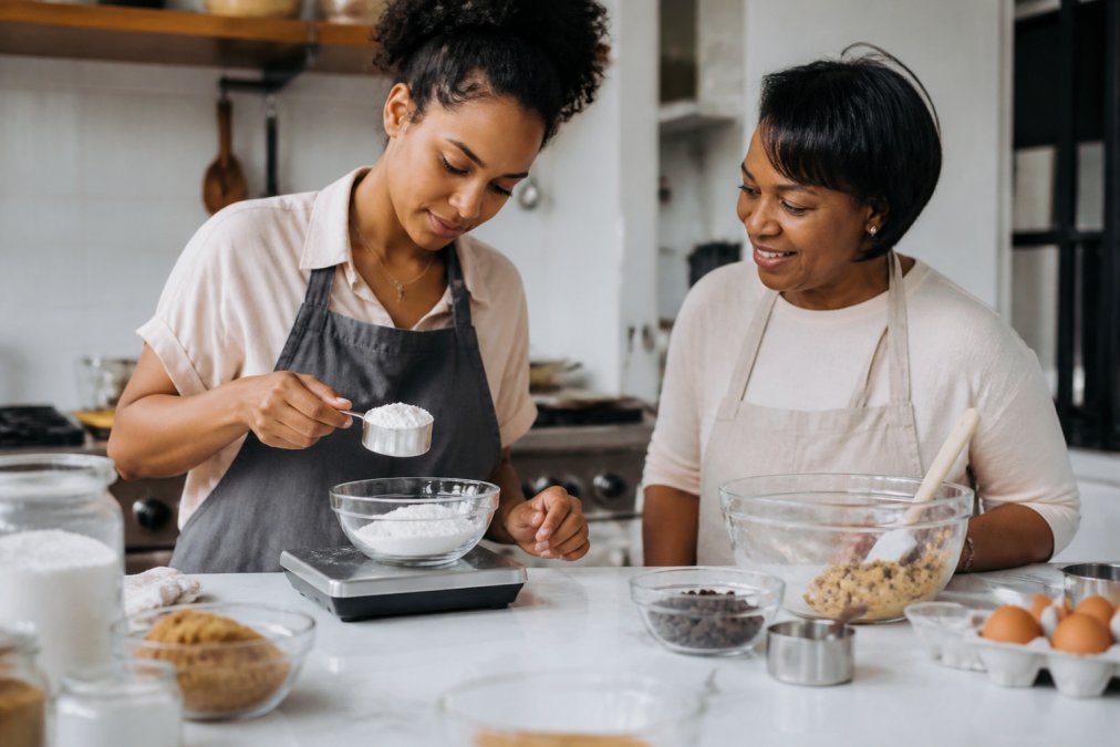 Close-up of hands measuring cookie dough ingredients on a digital kitchen scale with a mixing bowl and measuring cups nearby on a bright kitchen counter