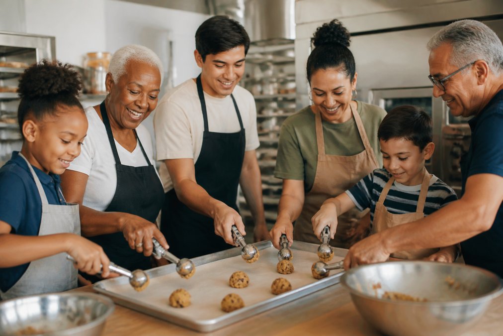A multi-generational family including young children, adults, and older family members of diverse backgrounds using cookie scoops to portion dough onto parchment paper on a baking sheet in a bright kitchen