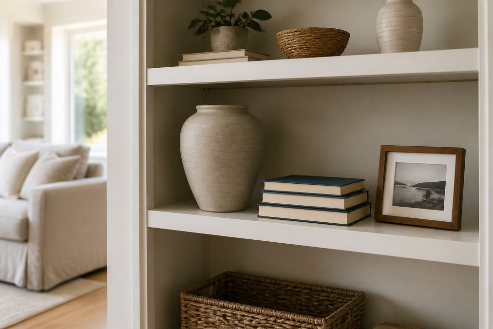 A styled bookshelf in a bright living room showing a balanced arrangement with a large ceramic vase, stacked books, and a small framed photo, demonstrating the rule of three
