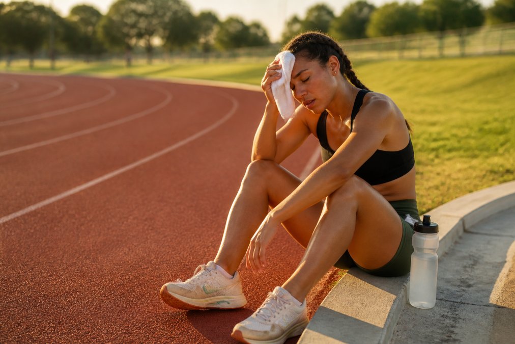 A runner sitting on the edge of a track after a hard workout, wiping sweat from their forehead with a towel, water bottle beside them, late afternoon light