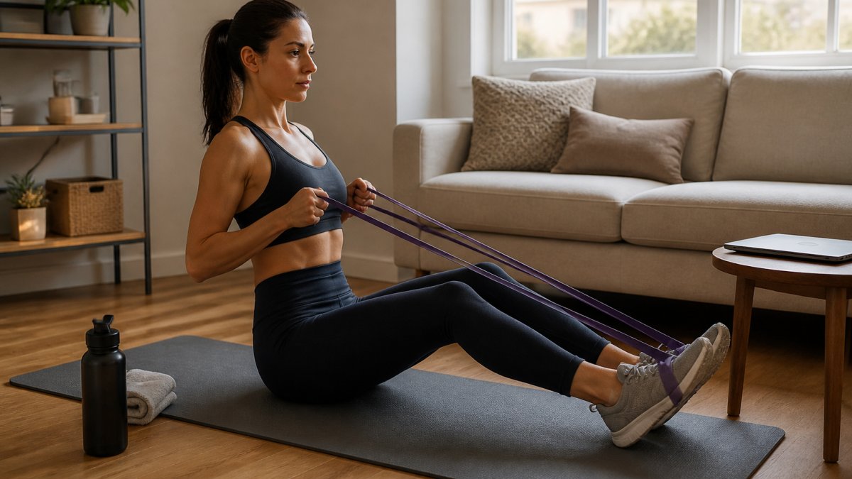 A busy professional in athletic wear doing a short resistance band workout on a yoga mat in a bright living room, laptop closed on the side table, water bottle nearby