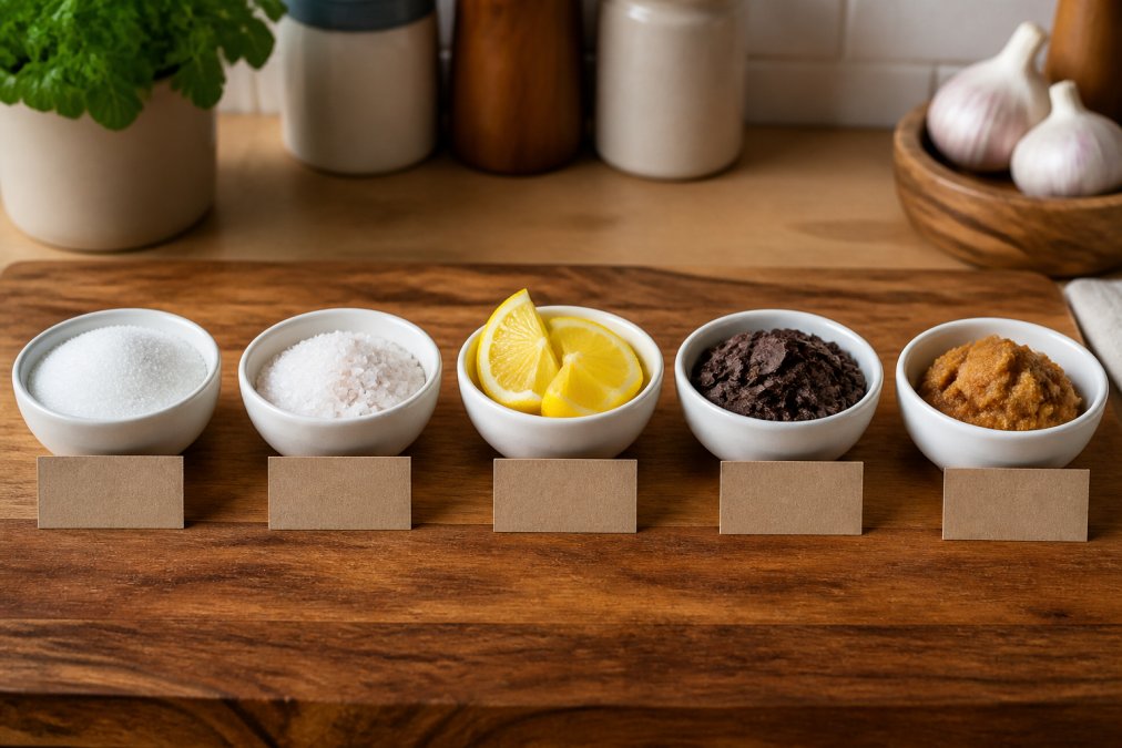 Five bowls containing sugar, salt, lemon, chocolate, and miso used to balance flavors on a wooden countertop.