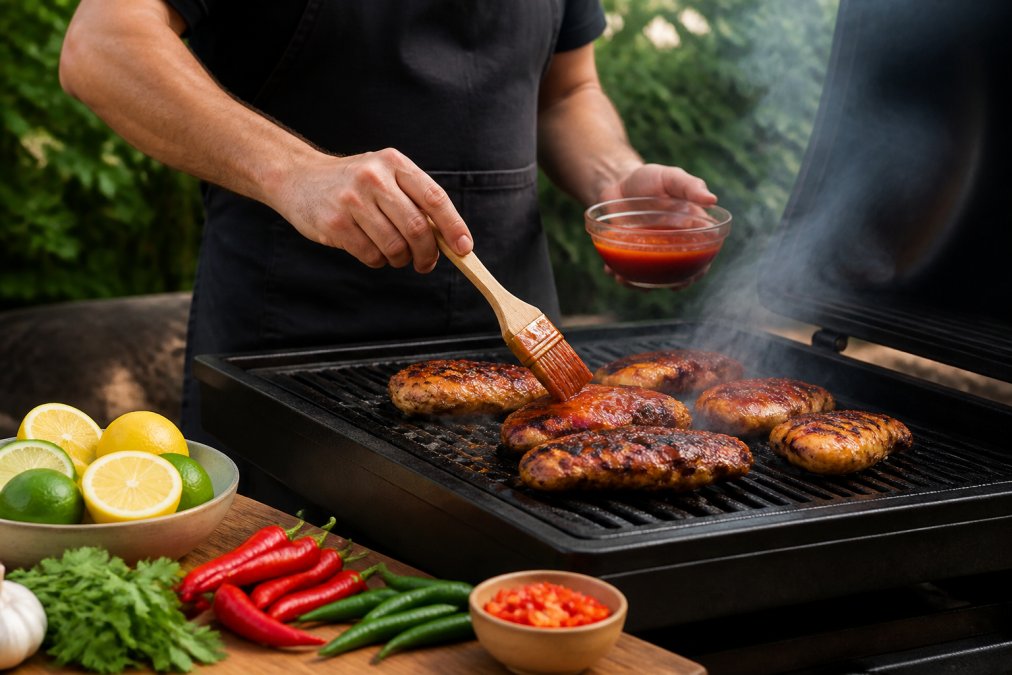 Professional demonstrating how to baste grilled chicken with hot sauce, steam rising from the grill, fresh citrus and chili peppers visible on the counter nearby