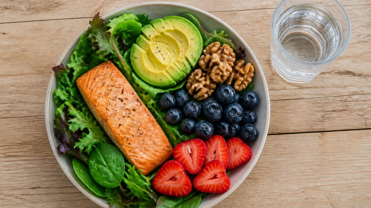 Overhead shot of a colorful plate with salmon, avocado, leafy greens, nuts, and berries on a light wooden table, with a glass of water nearby