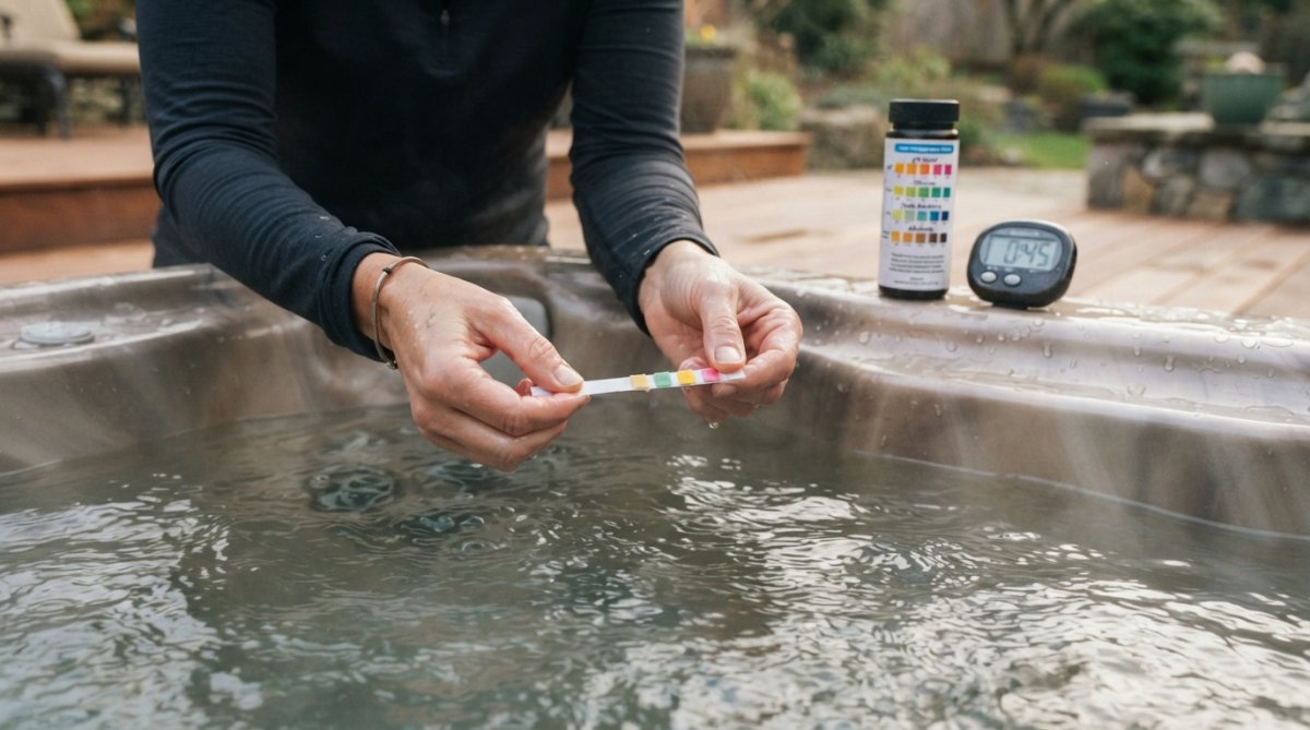 Close-up of hands holding a test strip over steaming hot tub water, with a color comparison chart visible in the background and a digital timer nearby