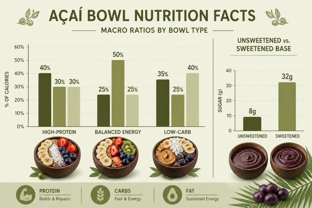 Bar chart comparing macro ratios and sugar content to help balance macronutrients acai bowls for optimal energy.