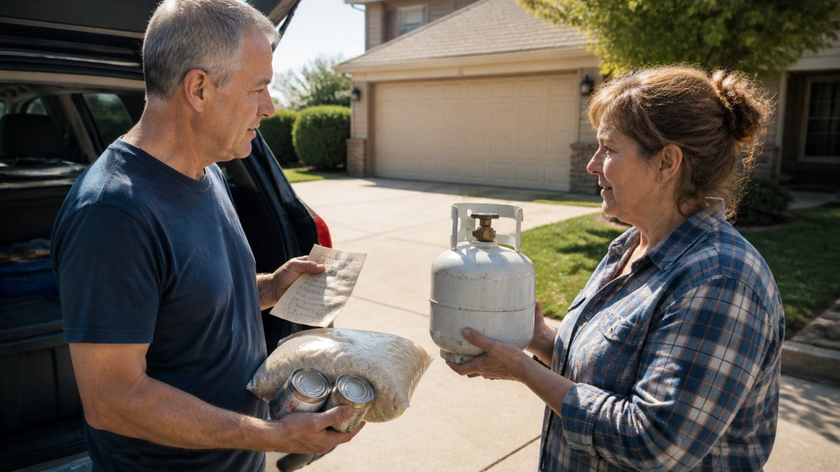 Two neighbors on a suburban driveway exchanging a bag of rice and canned goods for a small propane tank, calm daylight, one person holding a handwritten list
