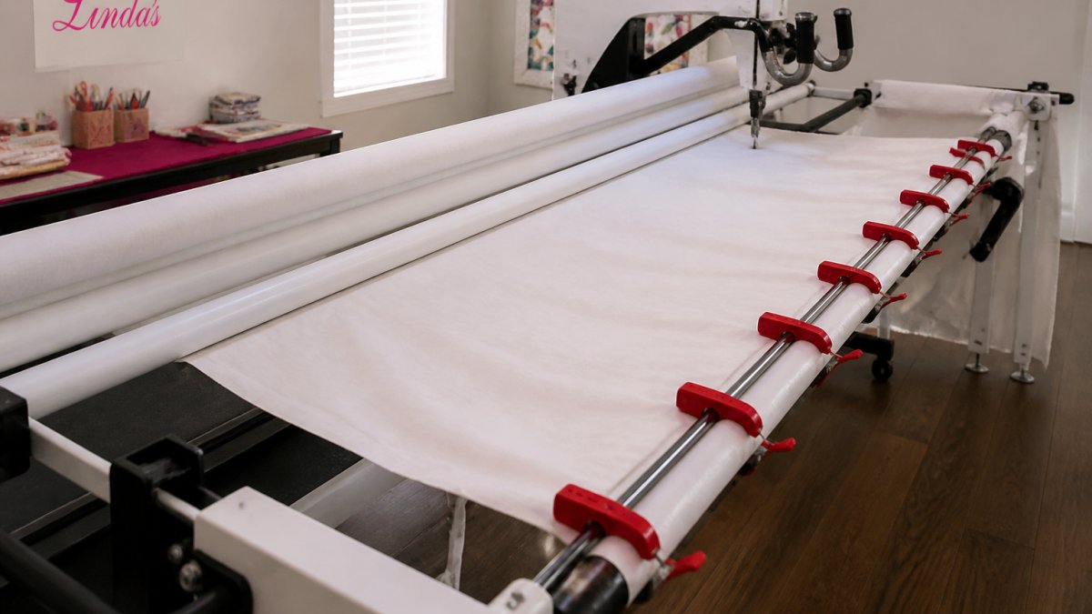 Longarm quilting machine frame with white leaders installed, backing fabric stretched and attached to leaders, and Red-E-Edge clamps securing the quilt sides evenly with proper tension visible