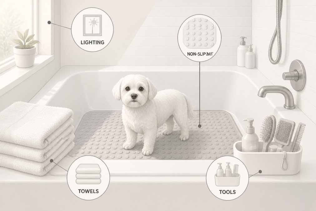 Bathroom setup with non-slip rubber mat covering the tub floor, fluffy towels stacked on the edge, grooming tools organized in a caddy, warm lighting from a window, and a small dog standing calmly on the mat