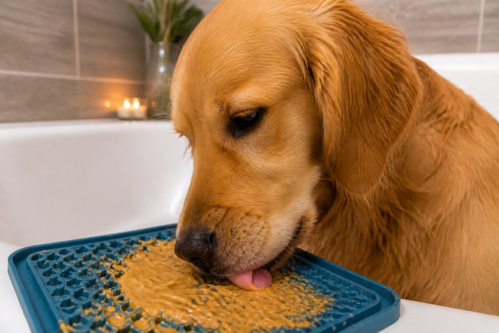 Close-up of a golden retriever's face focused intently on licking a frozen lick mat spread with peanut butter, ears relaxed and body posture calm, with warm bathroom lighting in background