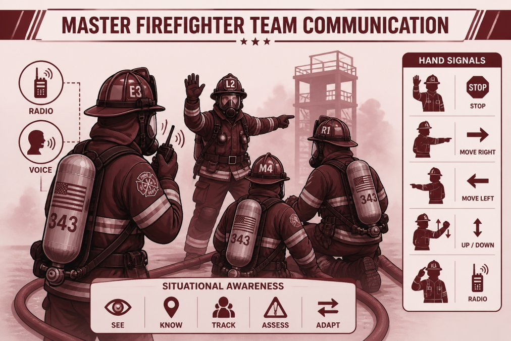 Firefighters in full gear communicating during a training drill, with clear hand signals and radio communication visible, showing active engagement and situational awareness