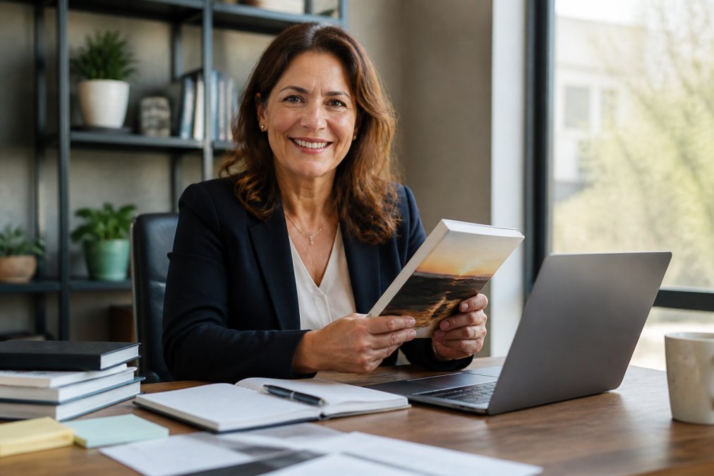 A confident professional in business attire sitting at a desk, holding their published book and smiling, with a laptop and notepad open in front of them in a bright modern office
