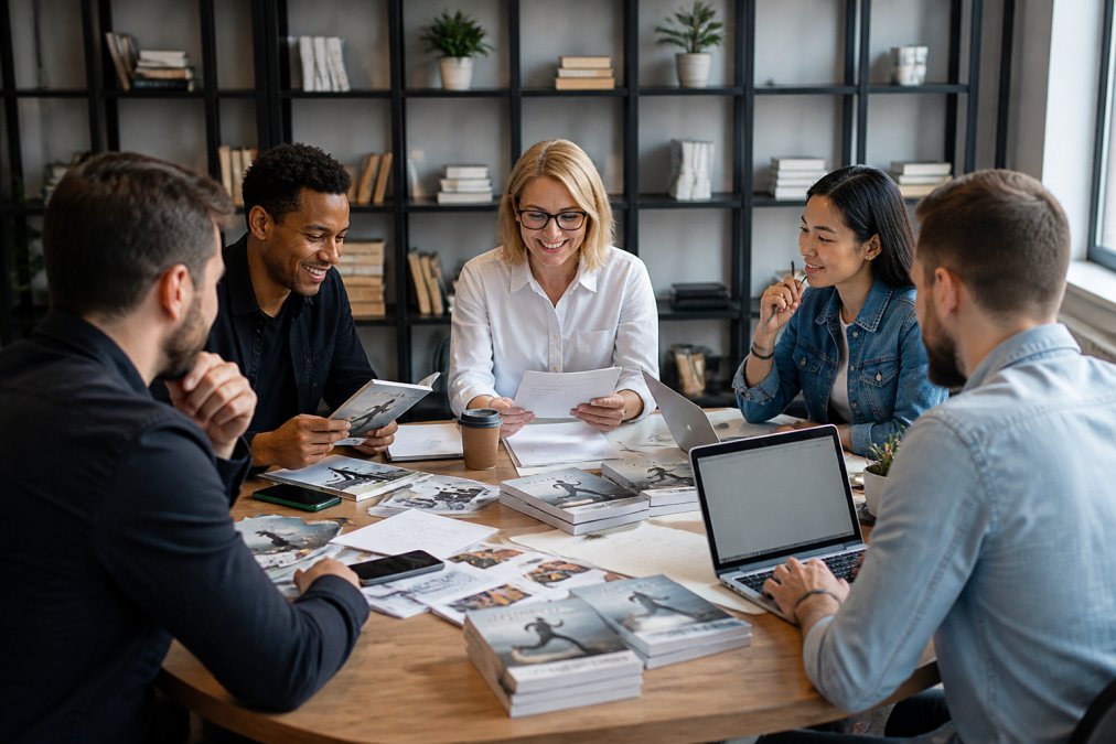 A small group of people gathered around a table reviewing printed book copies and marketing materials, with laptops open showing social media analytics, in an energetic collaborative workspace