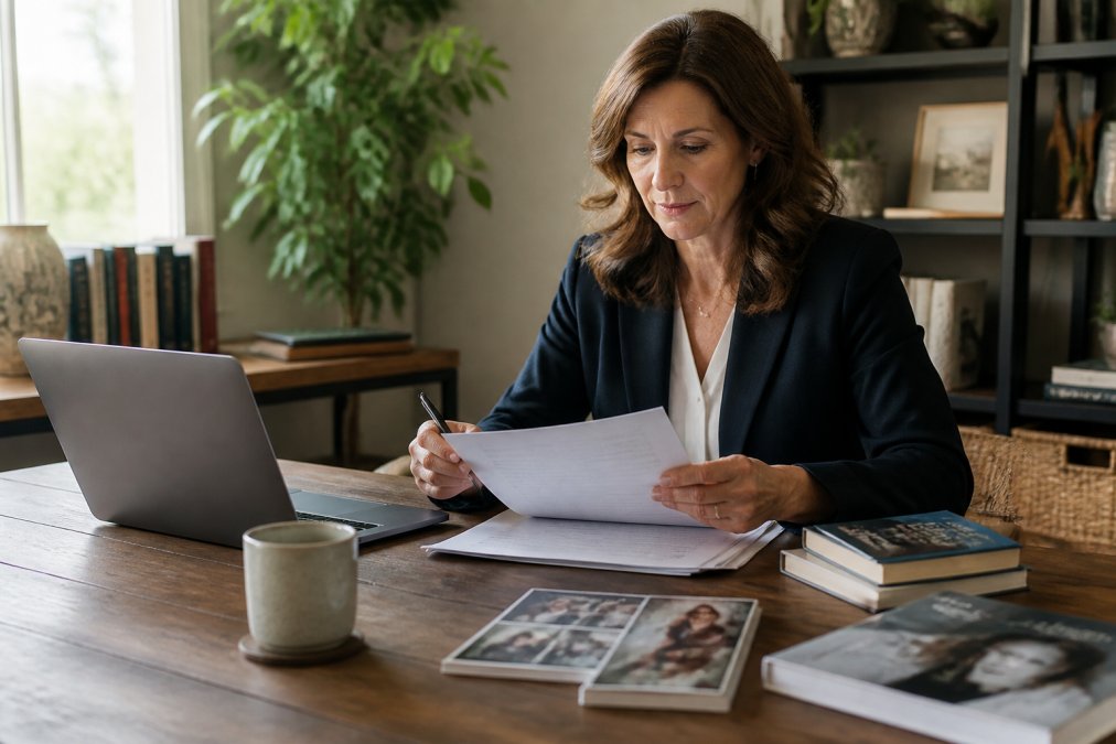 Professional consultant reviewing published business book manuscript at wooden desk with laptop, coffee cup, and marketing materials in modern office with natural window lighting