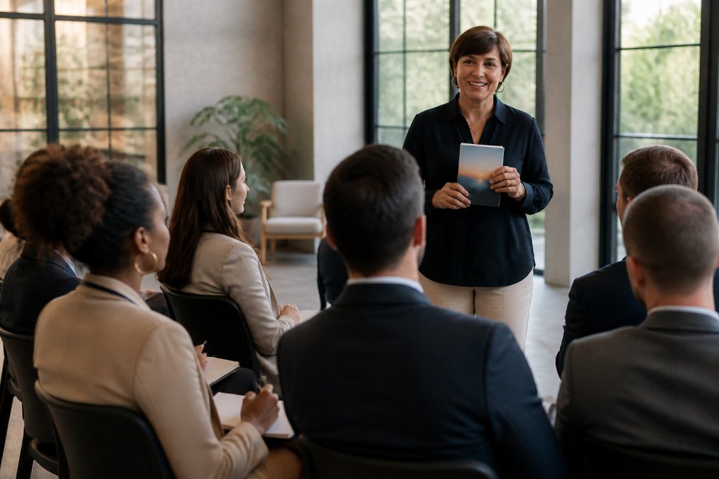 Business professional presenting published book to engaged audience in modern conference setting with natural lighting, audience members taking notes and listening intently