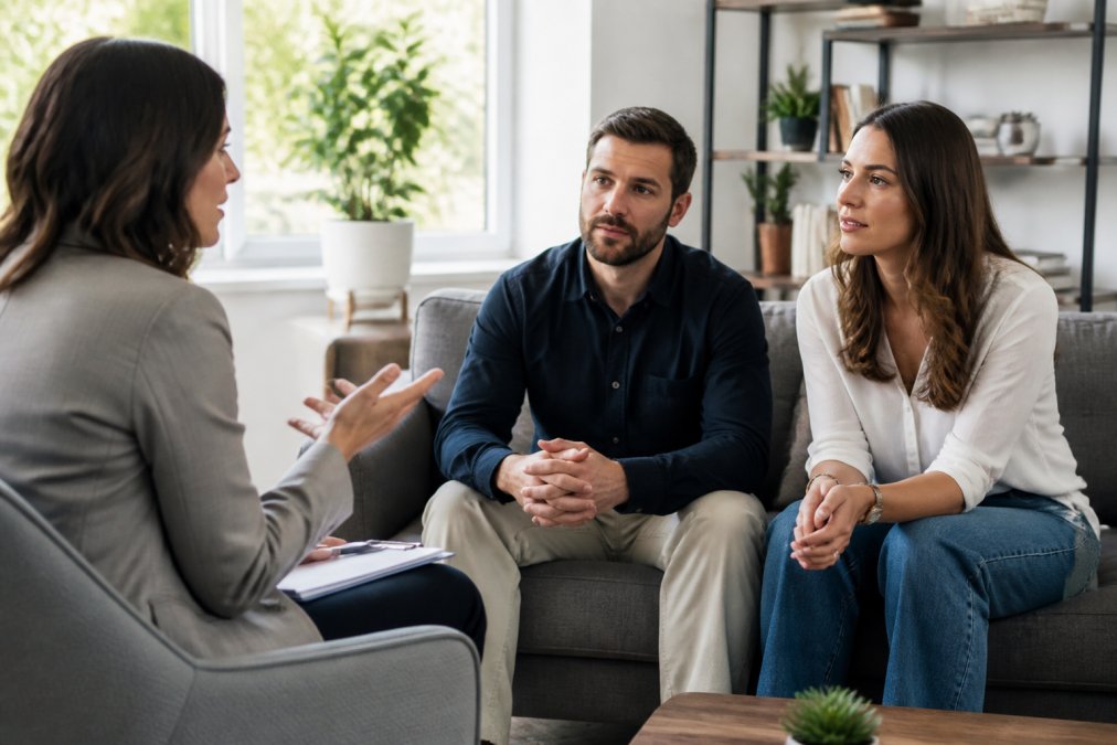 A certified marriage coach having a session with a couple in a bright, modern office with comfortable seating.