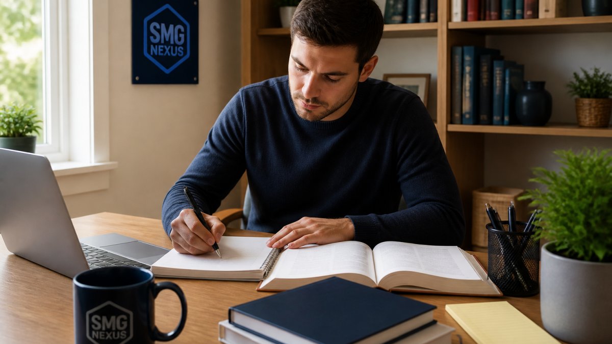 A candidate studying a CII study guide at a desk with a laptop, notepad and coffee in a bright home office