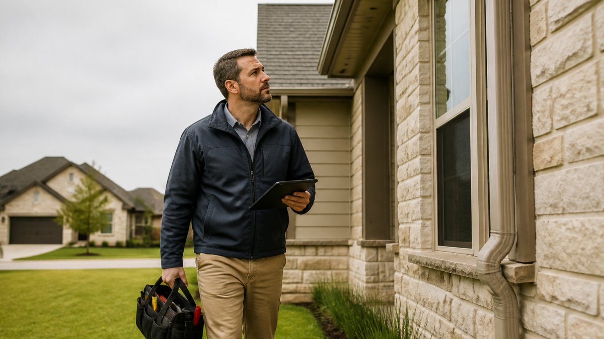 Professional home inspector in work attire examining residential property exterior, holding inspection tools and clipboard, daylight