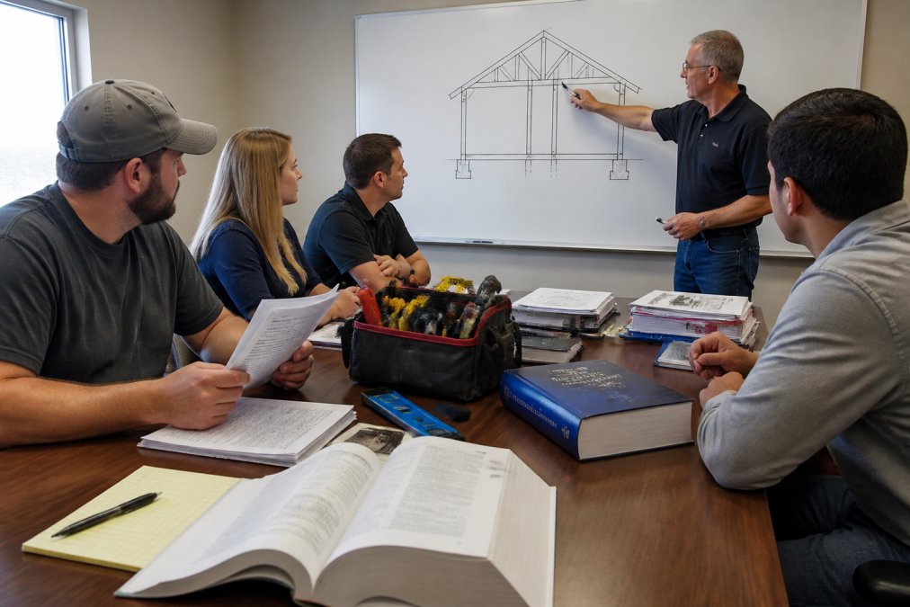A small group of adults in a classroom setting, reviewing printed inspection reports and studying building code books, with an instructor pointing at a whiteboard diagram of a house frame