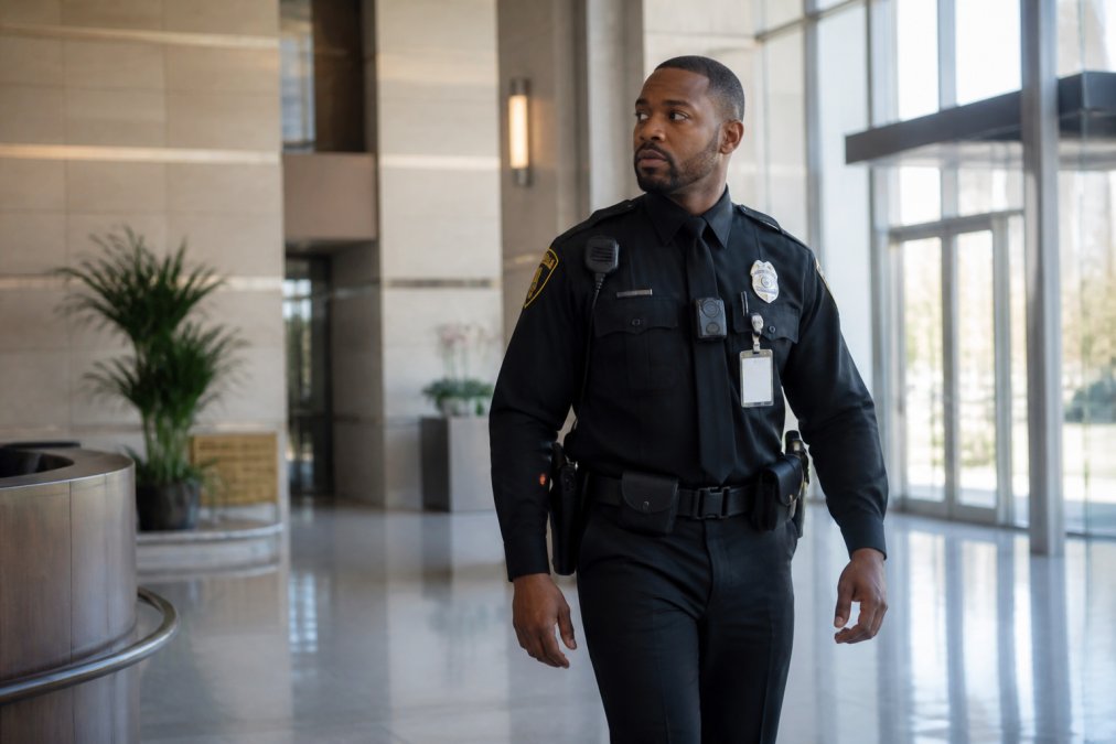 Professional security officer in full uniform conducting patrol in modern commercial building lobby with professional lighting and alert posture