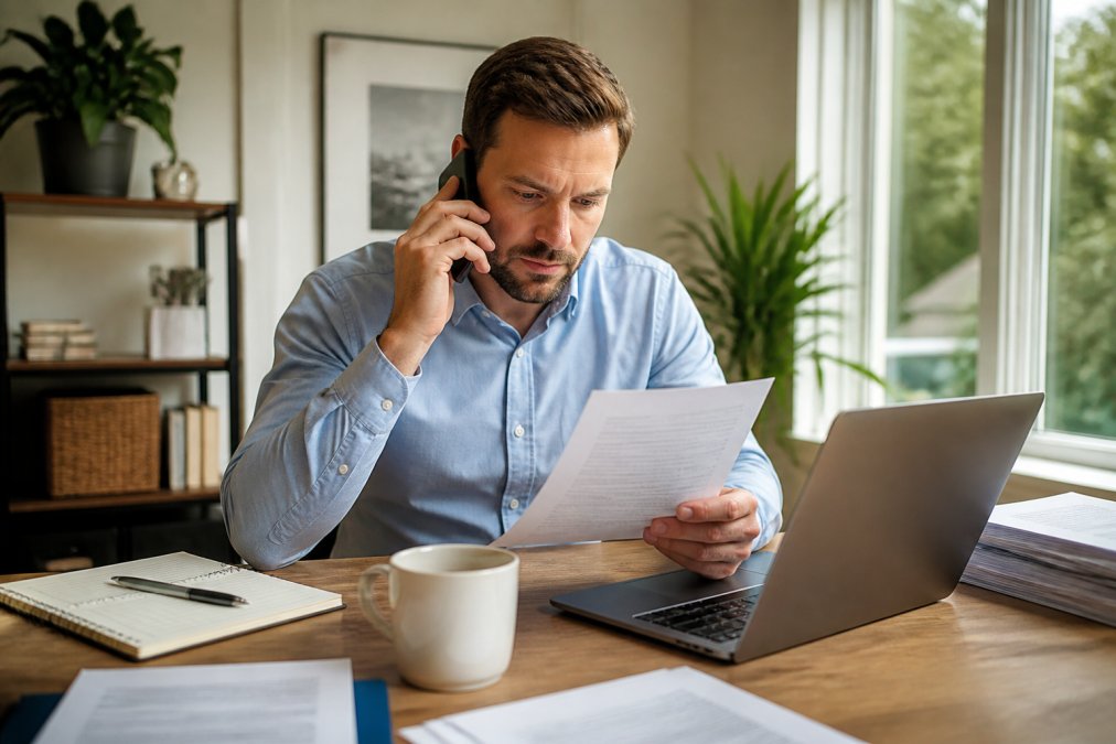 Mortgage broker reviewing loan documents on a laptop at a bright home office desk