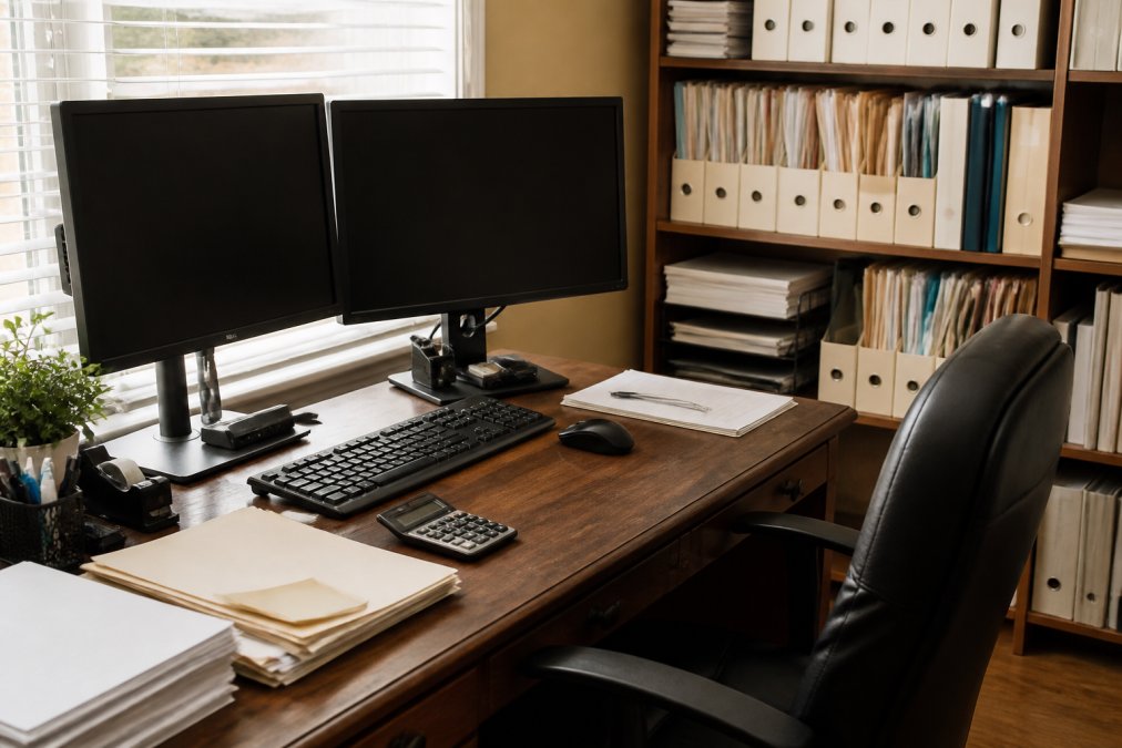 Professional home office workspace featuring a desk with dual computer monitors, keyboard, mouse, and organized filing system with labeled folders and documents neatly arranged on shelves beside the desk with natural window lighting