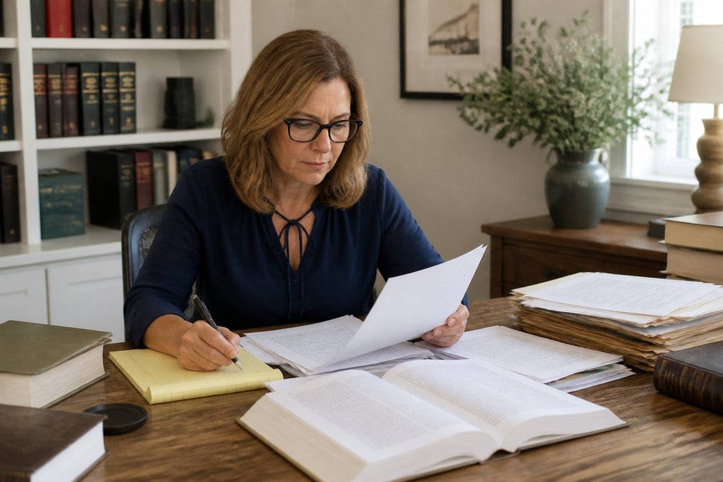 Professional examiner reviewing property documents and public records displayed on computer monitor, with notepad and reference materials visible on desk, concentrated expression while analyzing legal paperwork