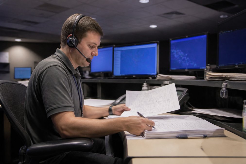 Aircraft dispatcher seated at a multi-screen workstation in a flight operations center, reviewing weather maps and flight tracking data with headset on, under cool overhead lighting in a darkened operations room