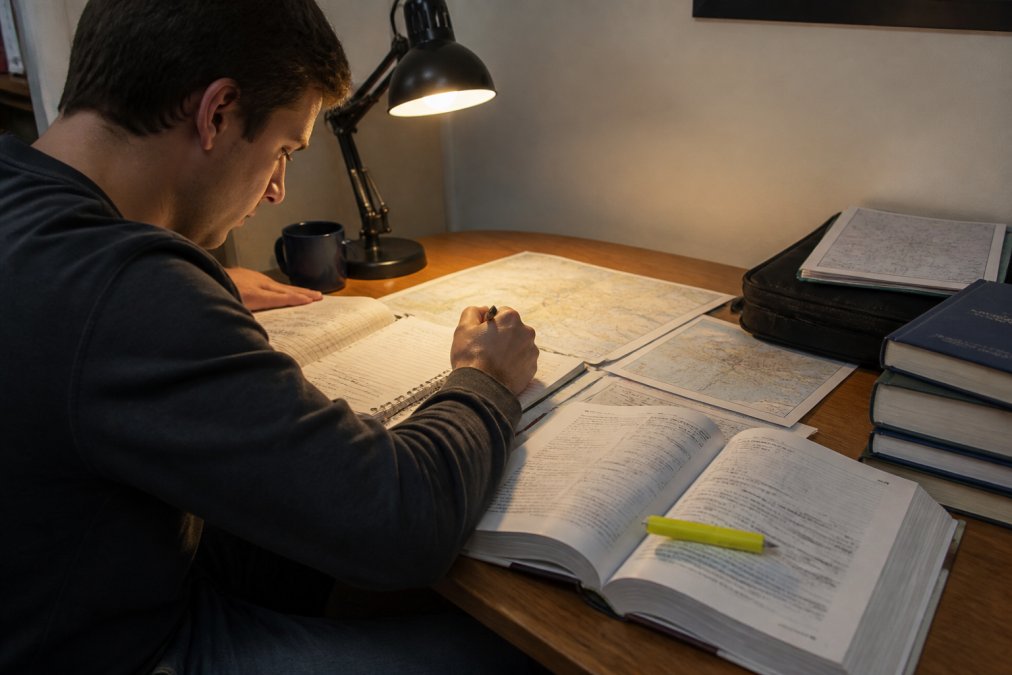 Aviation student seated at a desk under warm study lamp light, reviewing FAA exam materials and aeronautical charts, with a laptop open to a weather briefing tool and a yellow highlighter resting on an open textbook