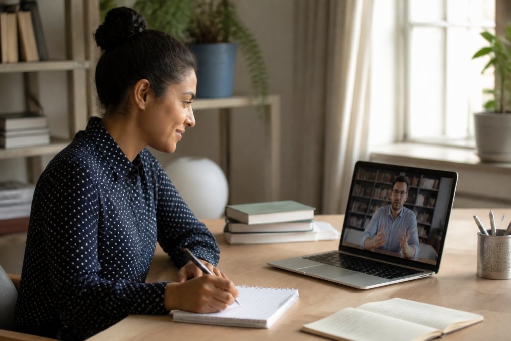 A professional sitting at a tidy home office desk with a laptop open to a video coaching session, a notebook and pen nearby, warm natural light through a window