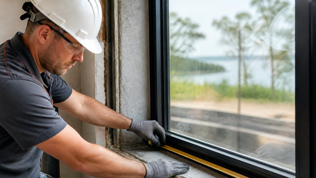 A professional glazier wearing safety gear measures a window frame during a professional glass installation.