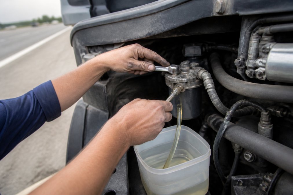 Mechanic using a wrench to bleed air diesel from a fuel filter housing into a container