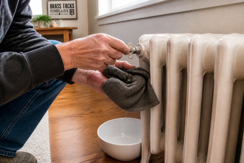 Hands using a radiator key to bleed a home radiator into a bowl to show how to bleed home radiators properly.