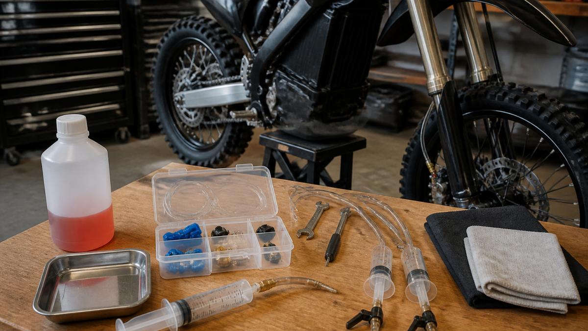 A home garage workbench with an e-moto on a stand, a bleed kit with syringes and tubing laid out, a bottle of brake fluid, and clean rags, tools arranged neatly under bright light
